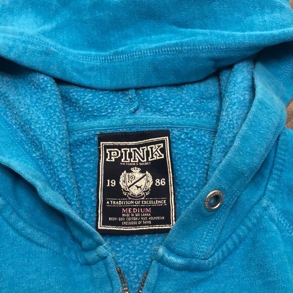 Pink Victoria's Secret Turquoise Blue Hoodie Jacket Size Medium Peace Heart - Picture 3 of 6